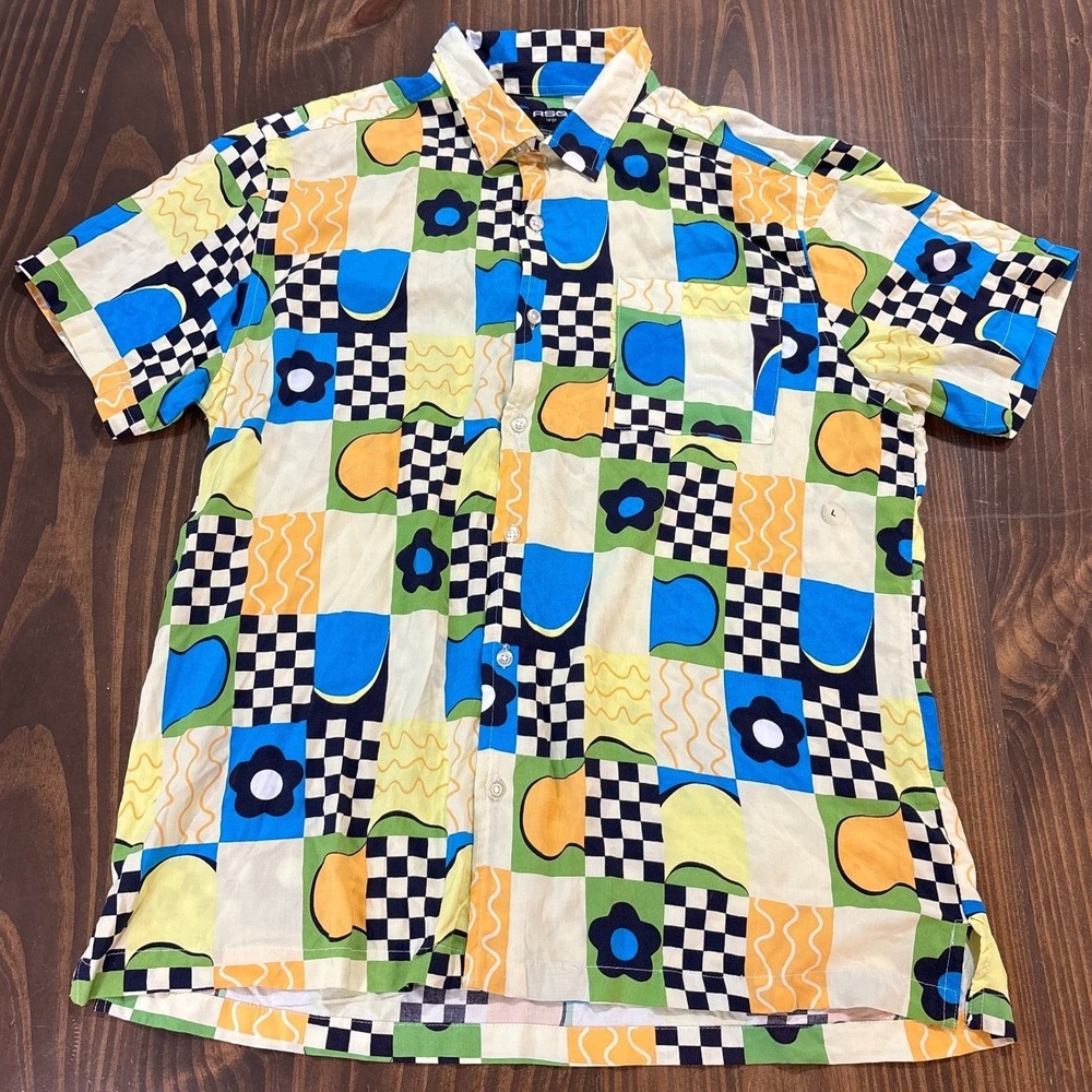 RSQ Button Up Shirt Mens Large Multicolor Geometric Patchwork Rayon Short Sleeve - Picture 2 of 7
